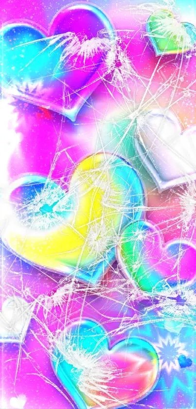 Colorful neon heart pattern wallpaper for mobile devices.