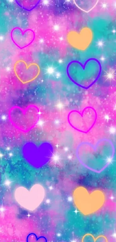 Colorful hearts wallpaper with purple and pink hues.