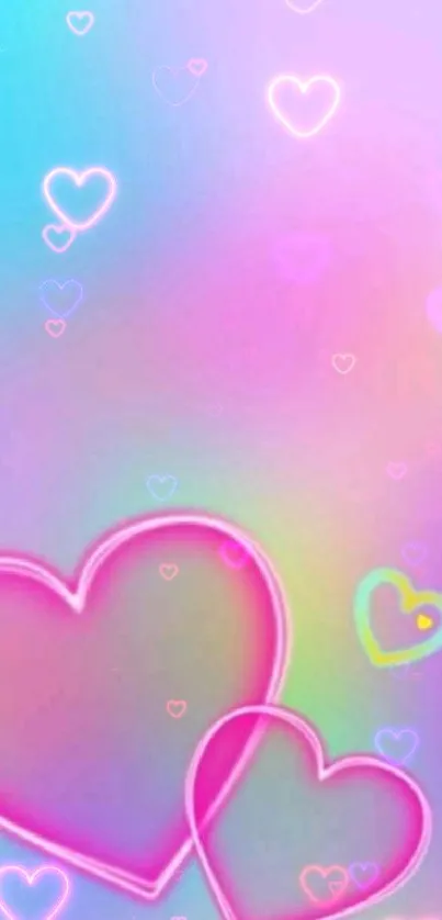 Colorful heart-themed mobile wallpaper with pink, purple, and blue hues.