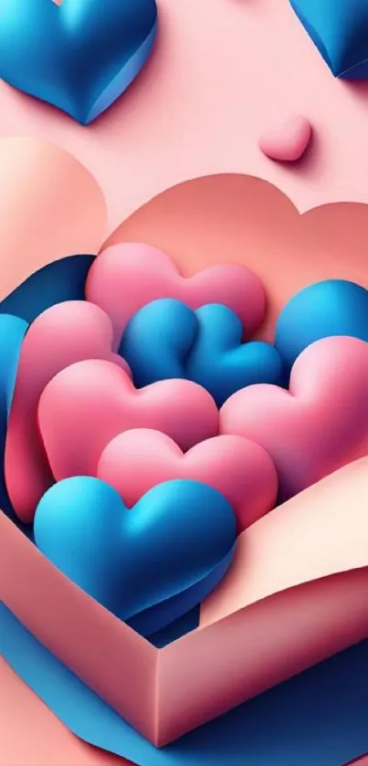 Colorful 3D heart wallpaper with pink and blue hues in a decorative layout.