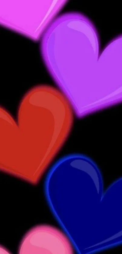 Colorful hearts on black mobile wallpaper.