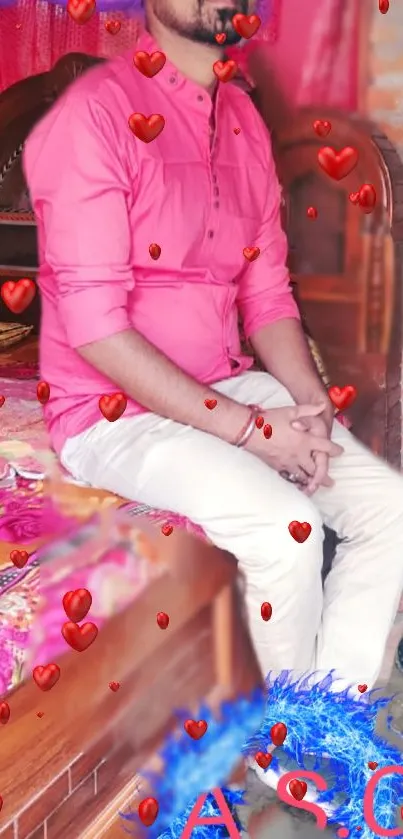 Wallpaper with pink shirt and floating red hearts.