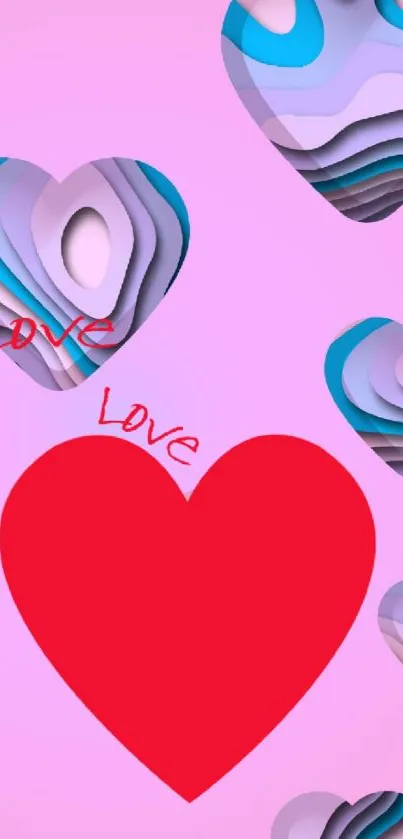 Colorful layered heart design mobile wallpaper.