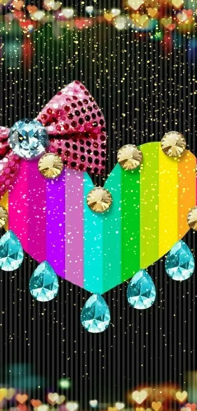 Colorful heart with gems on a vibrant, striped background.