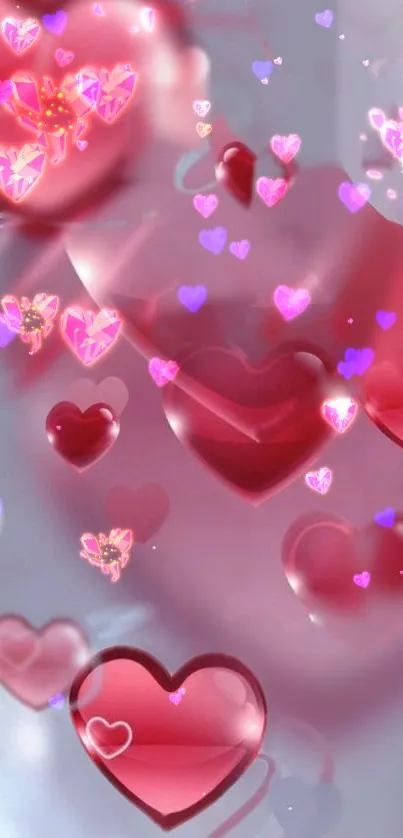 Colorful mobile wallpaper with pink and purple floating hearts.