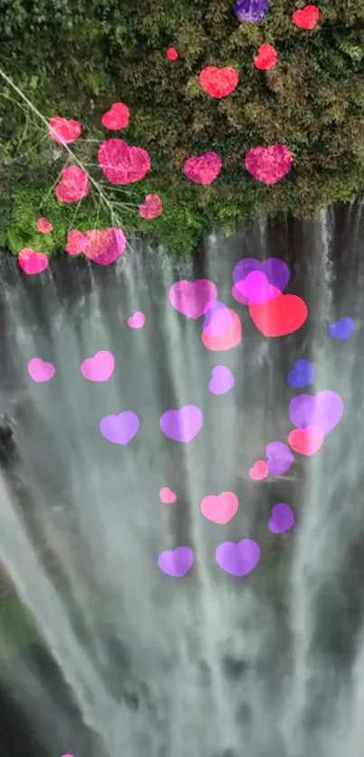 Vibrant mobile wallpaper featuring pink and purple hearts over a waterfall backdrop.