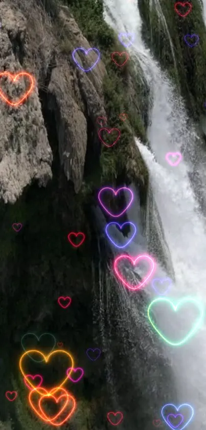 Neon heart waterfall mobile wallpaper with colorful digital art.