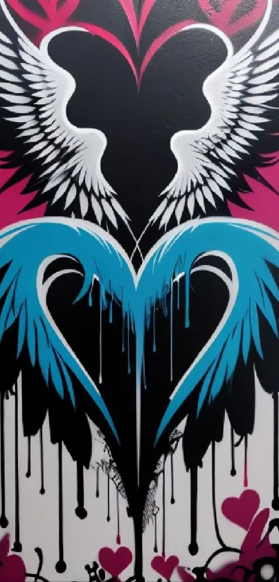 Colorful graffiti art with heart-shaped wings and drips.