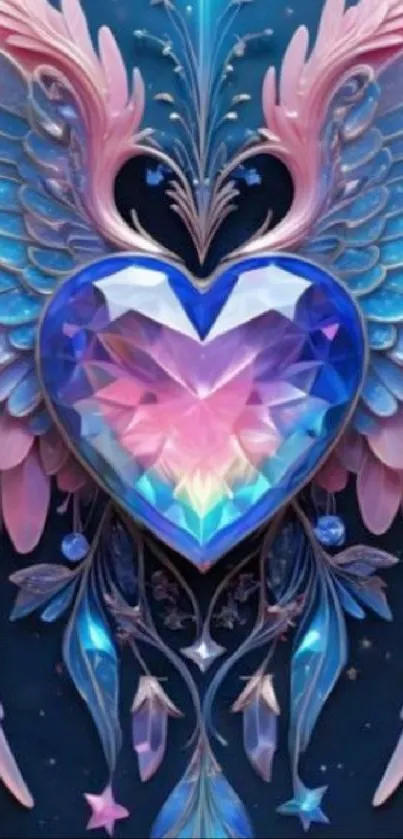 Vibrant heart with angelic wings on a colorful wallpaper.