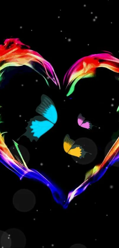 Colorful heart with butterflies on a black background.