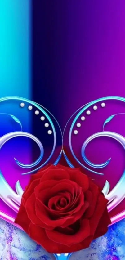 Colorful heart with red rose mobile wallpaper.