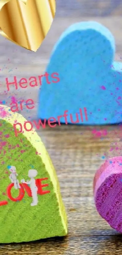 Vibrant wooden hearts wallpaper with colorful design
