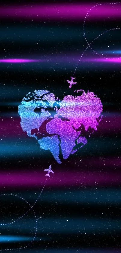 Vibrant heart-shaped world map wallpaper with airplanes.