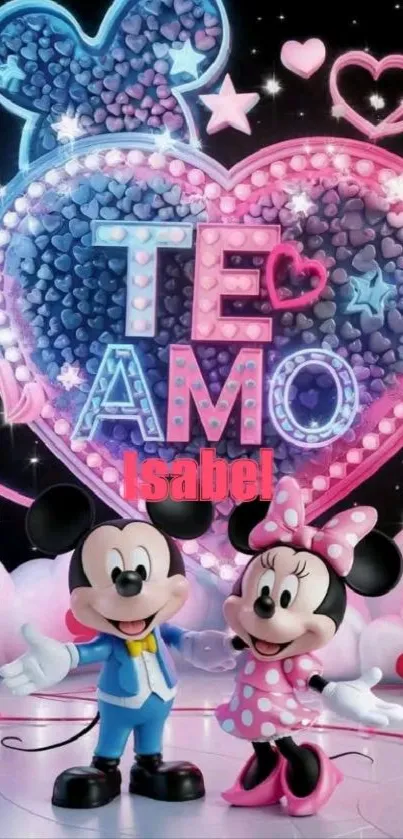 Colorful cartoon wallpaper with heart design and beloved characters.