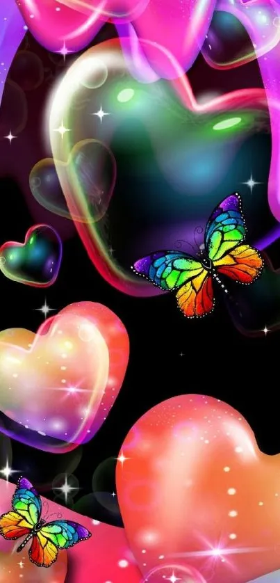 Vibrant mobile wallpaper with colorful hearts and butterflies.