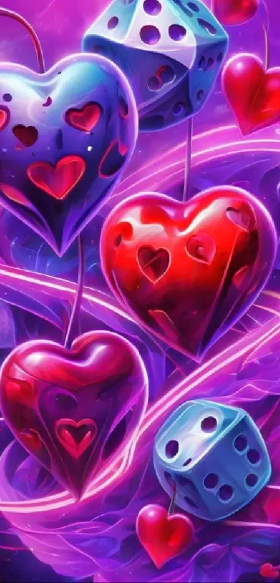 Colorful hearts and dice on a vibrant purple background.