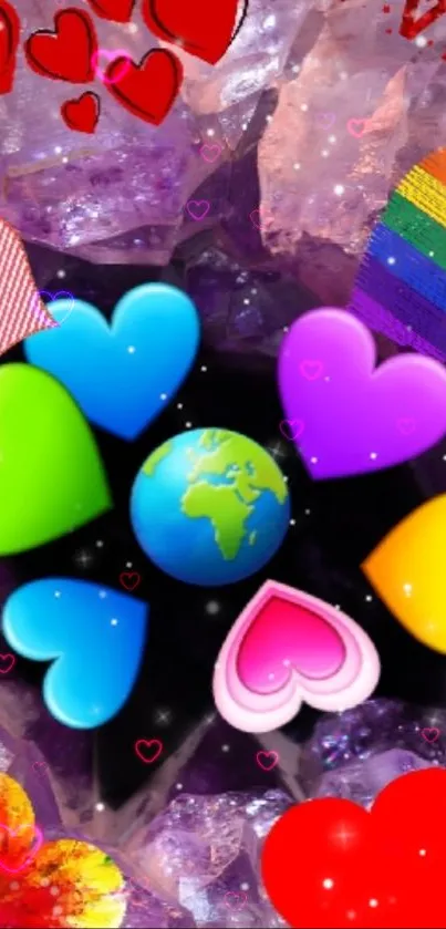 Colorful hearts encircling Earth with a purple crystal background.