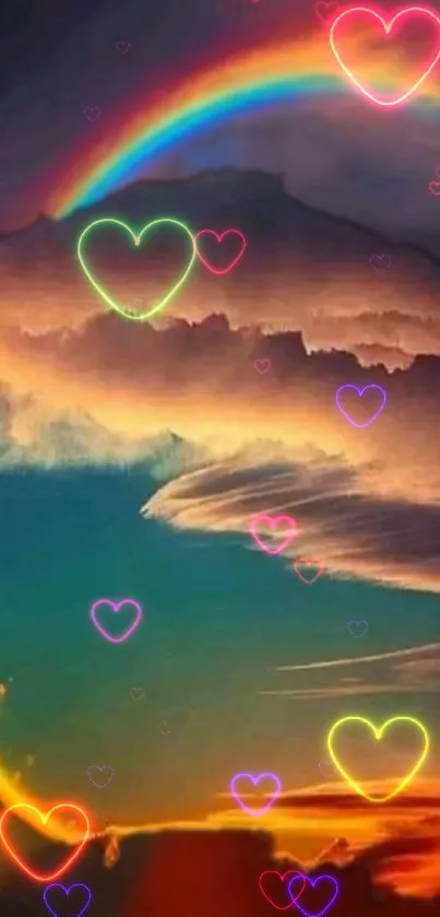 Vibrant wallpaper with neon hearts and a rainbow-lit sky.