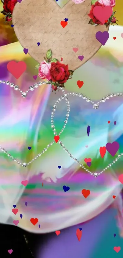 Vibrant hearts and roses with rainbow colors.
