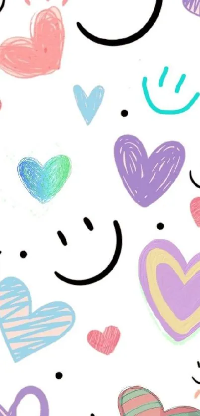 Colorful hearts and smiley faces on a white background wallpaper.