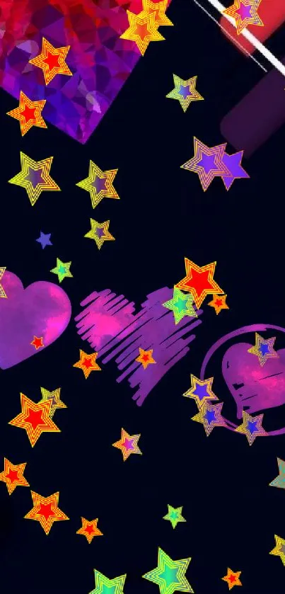 Colorful hearts and stars on dark background wallpaper.