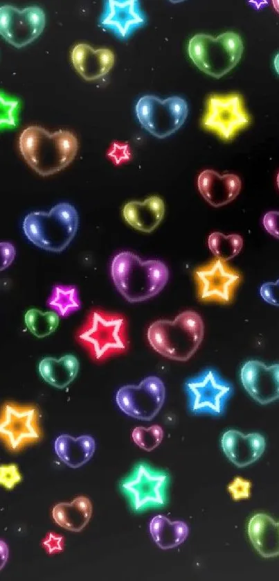 Colorful glowing hearts and stars on a black background wallpaper.