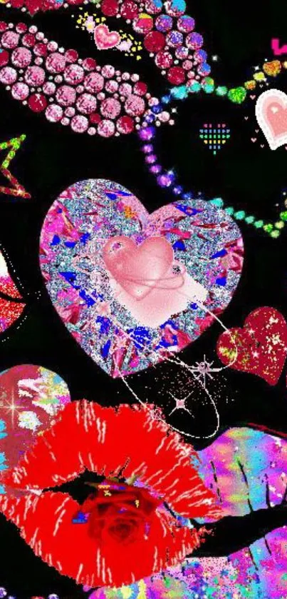 Colorful hearts and stars with sparkle design on a black background.