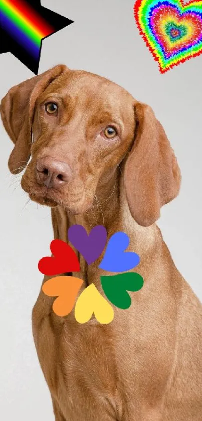 Dog with rainbow hearts and star on wallpaper.