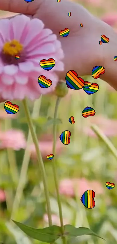 Pink daisy with colorful rainbow hearts on a lively wallpaper