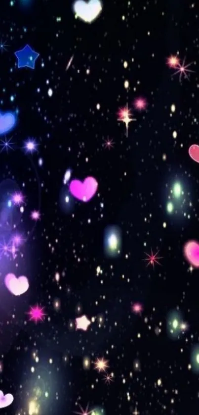 Vibrant galaxy wallpaper with hearts and stars.