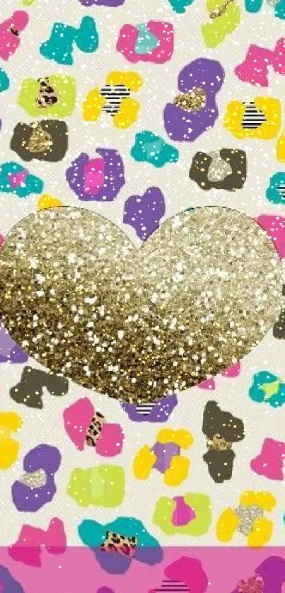 Vibrant wallpaper with gold glitter heart and colorful abstract background.