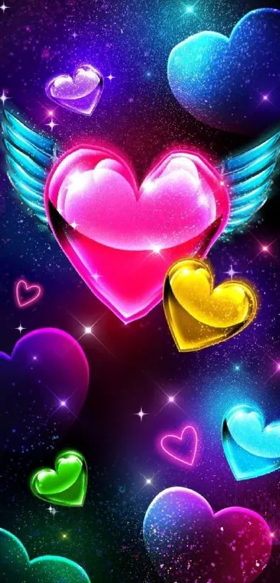 Colorful glowing hearts with wings on dark background.