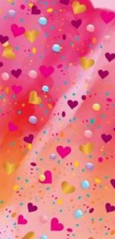 Colorful hearts and dots on a pink background wallpaper.