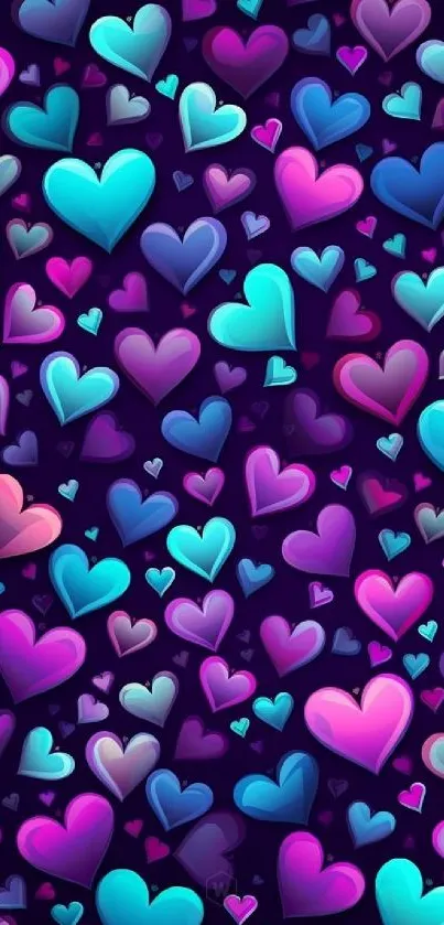 Colorful hearts pattern on a purple background.