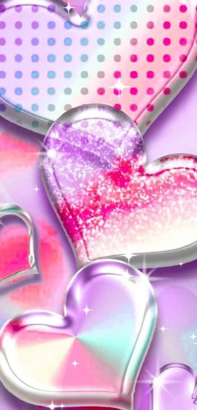 Vibrant glass heart designs on a pastel lavender background.