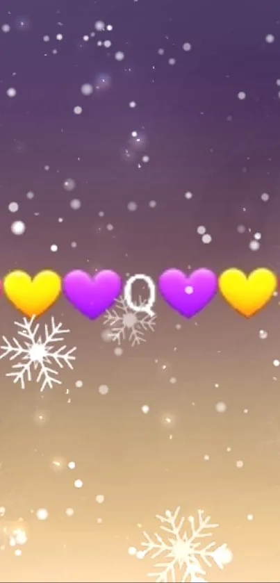 Mobile wallpaper with colorful heart emojis and snowflakes on a purple background.