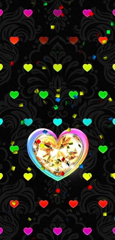 Vibrant wallpaper with colorful hearts and a central gem on a black patterned background.