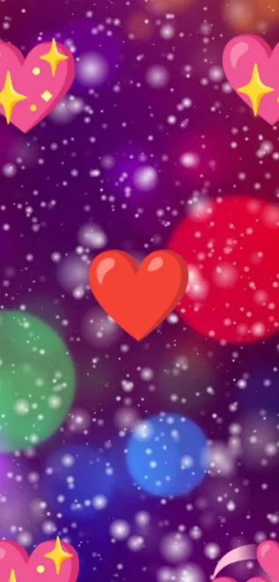 Colorful wallpaper with hearts and bokeh effect.