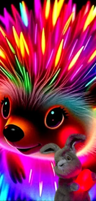 Neon hedgehog with vibrant colors and a cute bunny.