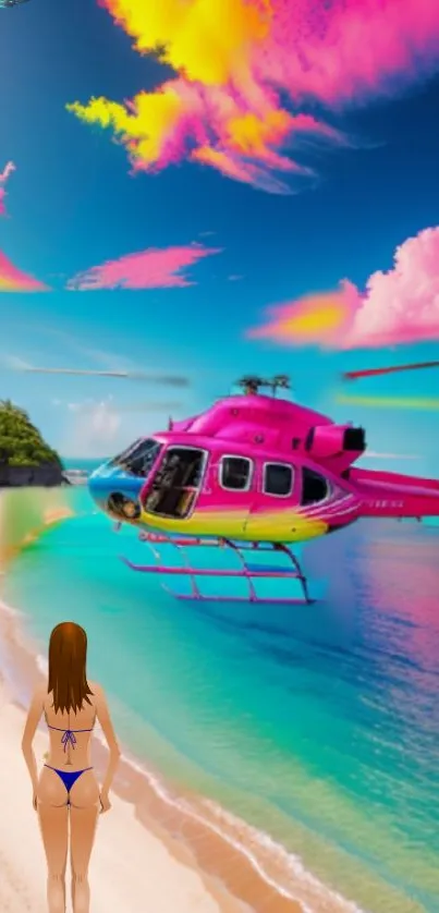 Vibrant beach scene with pink helicopter and serene blue waters.