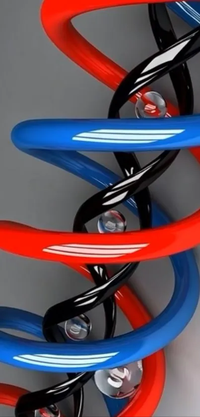 Colorful DNA helix with red, blue, and black strands.