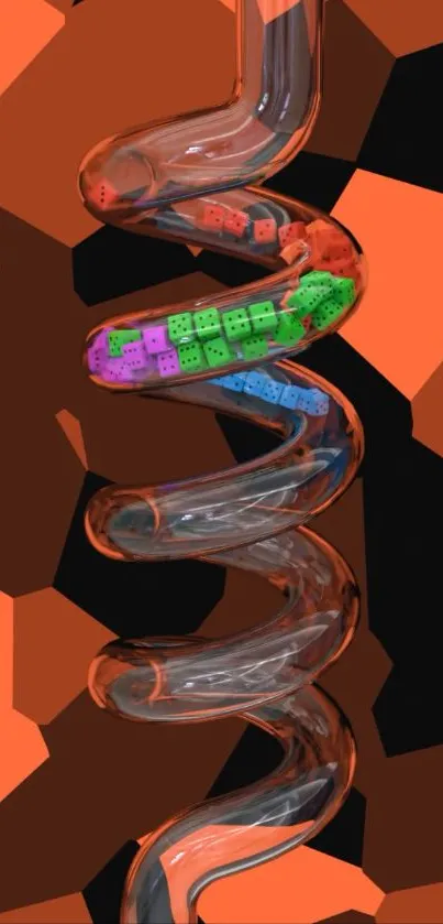 Colorful helix on geometric orange background.