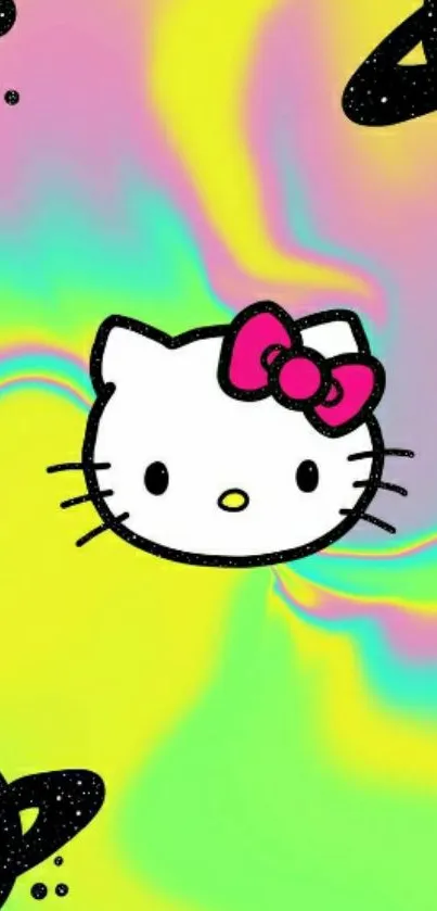 Hello Kitty with neon cosmic background and planets.