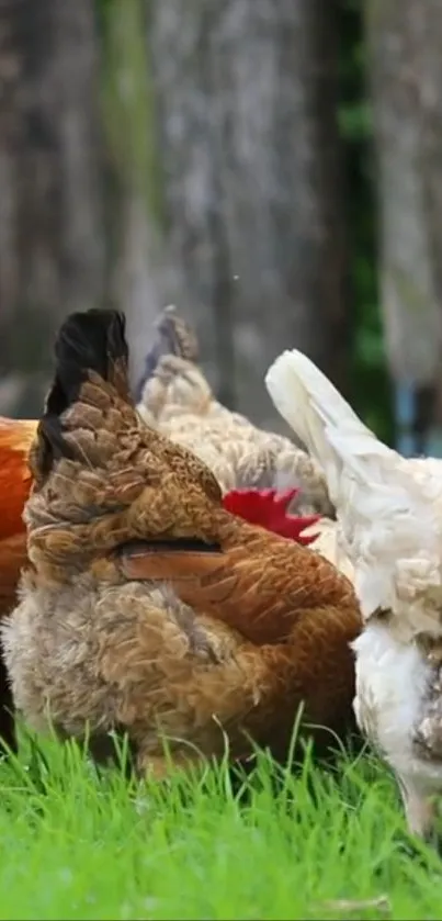 Three colorful hens forage in a lush green field.