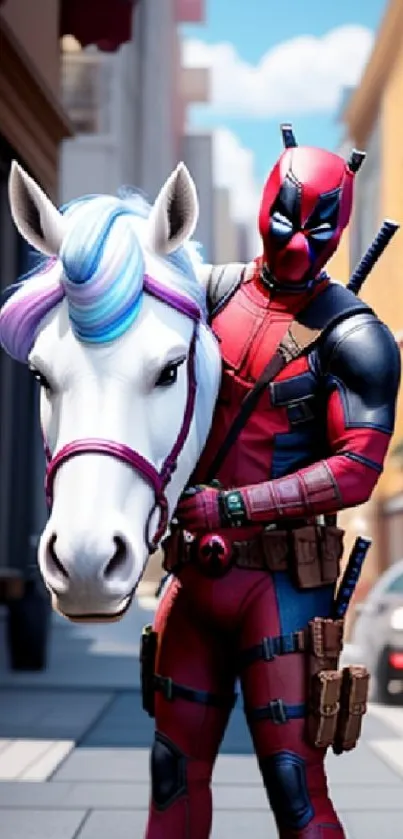 Superhero in red suit rides a unicorn in a cityscape.