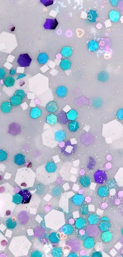 Colorful hexagon glitter wallpaper with purple and blue accents.