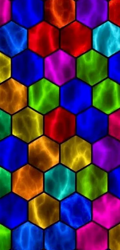 Colorful hexagon pattern wallpaper with vibrant stained glass effect.