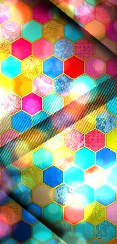 Vibrant hexagon pattern with diverse colors for phone wallpaper.