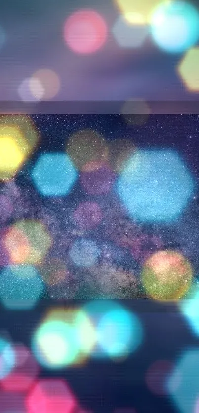 Colorful galaxy wallpaper with hexagonal bokeh lights.