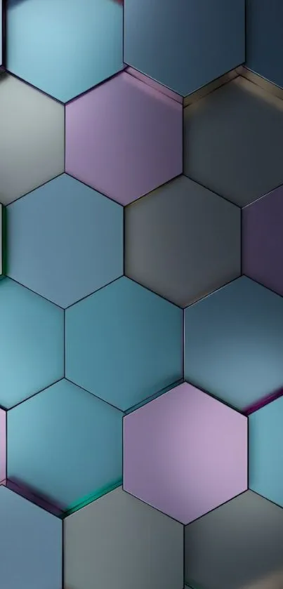 Colorful hexagonal pattern wallpaper with blue and purple hues.